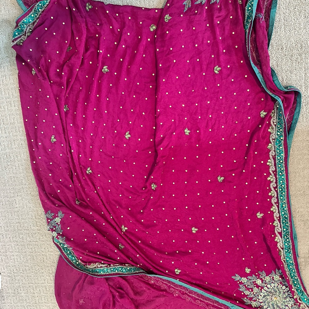 Elegant Pink and Teal Embellished Saree